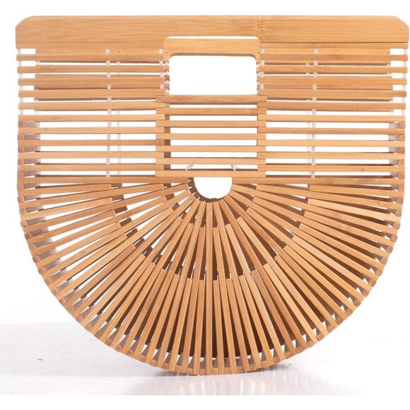 Women's Handmade Bamboo Tote Bag Small Natural Summer Beach Purse - Picture 2 of 5